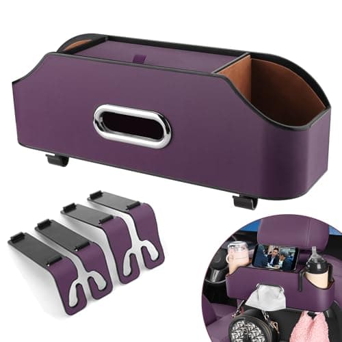 Car Seat Back Organizer with Cup Holders, Tissue Box & Hooks, Purple