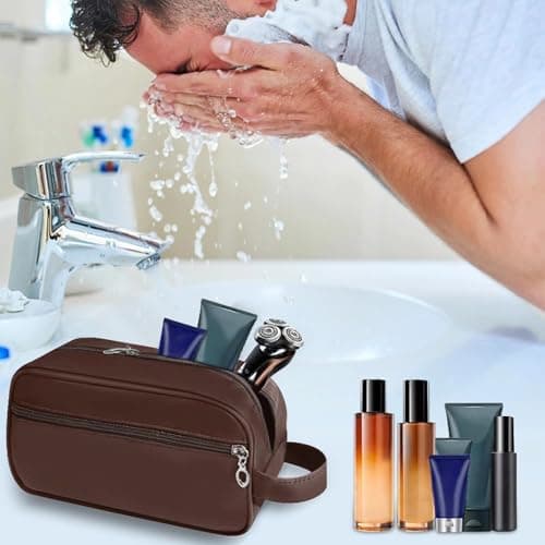 Toiletry Bag for Men, Large Travel Wash Bag Water-Resistant Gym Shaving Organiser Bag, Shower Bathroom Makeup Bag with Handle for Cosmetics Brushes Tools (Brown) — view 2