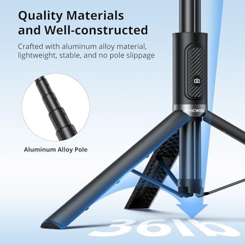 SYNCWIRE 55" Phone Tripod with Bluetooth Remote, Aluminum Selfie Stick Tripod with 360° Rotation, for iPhone & Android Phones, Travel Selfie Stick Stand for Vlogging, Live Streaming, Black — view 6