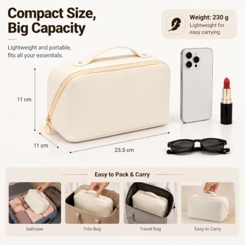 Travel Makeup Cosmetic Bag, Waterproof PU Leather Organiser, Brush Pocket — view 5