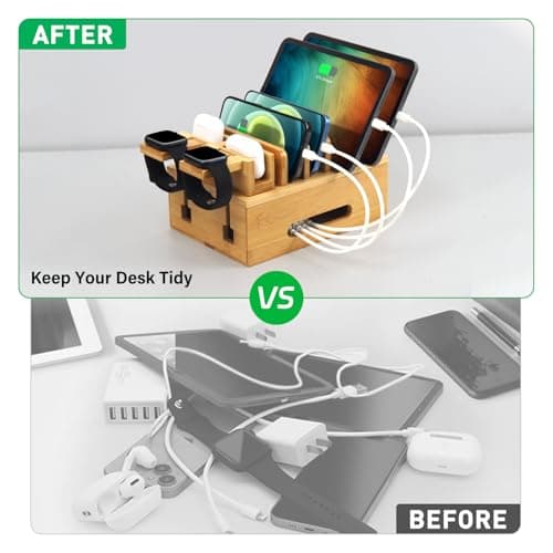 Deefielly Bamboo Charging Stations for Multi Devices with 5 Port USB Charger, 6 Cables, Desktop Wood Docking Station Charger Organizer for Cell Phones, Tablets,Earphone, Watches — view 6