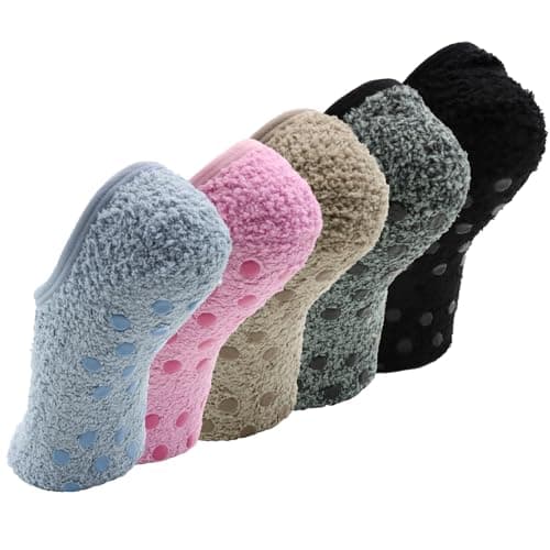 VEGCOO 5 Pairs Fluffy Slipper Socks Women, Non-slip Totes Slipper Socks UK 4-7 for House Floor Bed Sleeping Yoga(Black/Dark Grey/Dark Khaki/Dark Blue/Dark Pink)