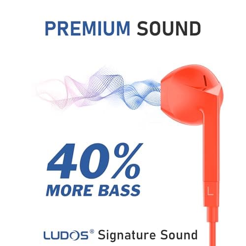 Ludos FEROX Wired Earbuds in-Ear Headphones, Earphones with Microphone, 5 Years Warranty, Noise Isolation Corded for 3.5mm Jack Ear Buds for iPhone, iPad, Samsung, Laptop, Gaming, Sports - Coral — view 3