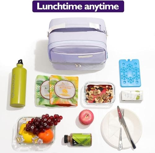 Hihealer 2 Tier Lunch Bag 26x16x26cm Women with Stylish Vegan Leather - Large Leakproof Insulated Cool Bag with Removable Adjustable Strap for Work Picnic, Christmas Gifts for Women (Lavender Purple) — view 5