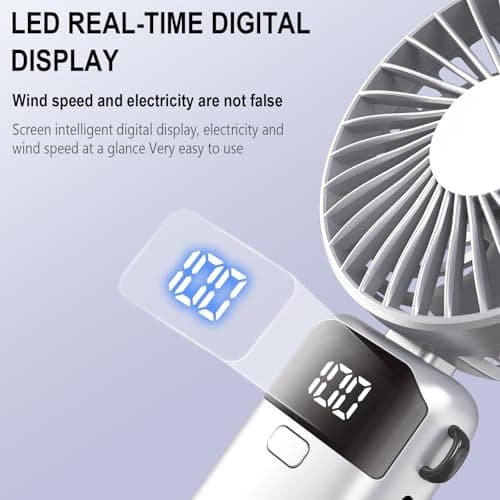 Jumkeet Handheld Fan, Mini Portable Foldable Fan with USB Rechargeable Battery 2600mAh, 5 Speeds Battery Operated Desk Desktop Fan with LED Display & Base for Home Office School Travel Outdoor (White) — view 3