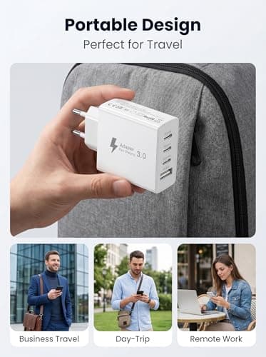 EU Travel Adapter Charger, 50W European Plug Adapter with 3 USB C and 1 USB A, Universal Travel Adapter European USB Charger Plug with Nylon 2M USB C Cable for iPhone 17 16 15 14 13/ iPad/Galaxy — view 4