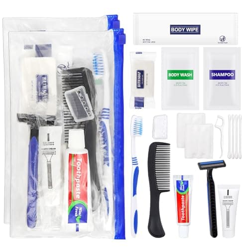 SLequipo Basic Toiletry Kits, Individually Packed, Personal Hygiene Bulk Homeless Care Package Supplies, Blue, Pack of 50
