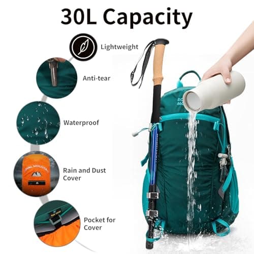 Lightweight Hiking Backpack, 30L Women/Men Waterproof Travel Rucksack Bag with Rain Cover, Outdoor Small Foldable Daypack for Student, Fit for 15.6 inch Laptop (Dark Green, 30l) — view 3