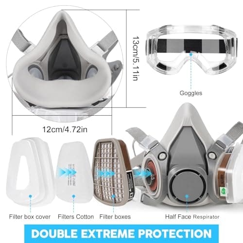 LAMANICE Respirator Mask with 10Pcs Filter Cottons, Goggles and Earplug, for Organic Vapors, Chemicals, Sanding, Welding, Woodworking, Paint, Dust, Formaldehyde (Grey) — view 3