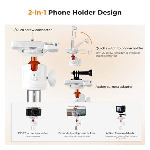 K&F CONCEPT Selfie Stick, 62"/158cm White Phone Tripod — view 3