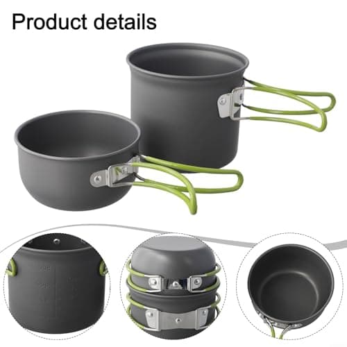 Camping Cookware Kit, Portable Camping Pot Set Outdoor Cooking Gear Aluminum Camping Cookware Foldable Handle Backpacking Cooking Pot Lightweight Camping Kitchen Set(Green handle) — view 2