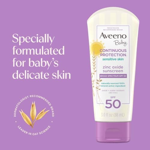 Aveeno Baby Continuous Protection Zinc Oxide Mineral Sunscreen Lotion for Sensitive Skin, Broad Spectrum SPF 50, Tear-Free, Sweat & Water-Resistant, Paraben-Free, Travel Size, 3 oz — view 3