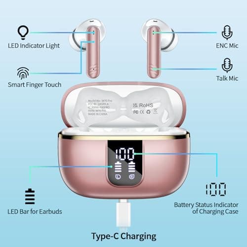 2026 New Wireless Earbuds, Bluetooth 5.4 Headphones In Ear with Noise Cancelling Mic, 46H Headphones with 3D Bass Stereo Sound, Ultralight, USB-C LED, Waterproof IPX7 Earphones for Android iOS. Pink — view 4