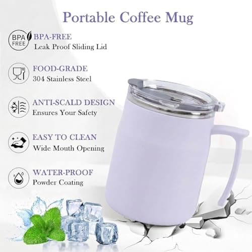 HZXYchen Stainless Steel Travel Mug with Handle – 304 Coffee Cup 500ml with Locking Lid – for Commute, Office & Outdoor – Purple — view 4