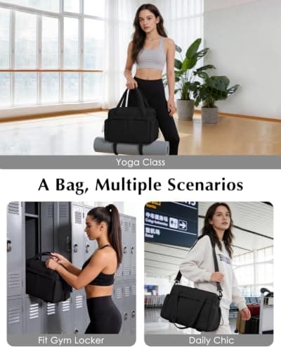 Small Gym Bag Womens with Yoga Mat Holder and Wet Compartment, Puffer Black — view 2