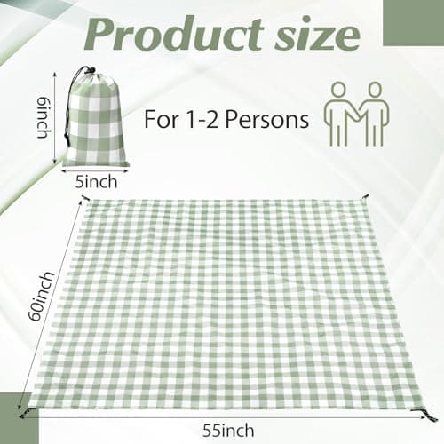 HunnmingRe Gingham Pocket Picnic Blanket Lightweight Portable, Sage Green — view 3