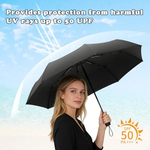 Black Mini Folding Umbrella, UPF50+ UV Sun & Rain Umbrella, 6 Rib Windproof Compact Travel Umbrella with Storage Case, Sturdy, Lightweight, Portable Pocket Umbrella for Men and Women Daily & Outdoor — view 3
