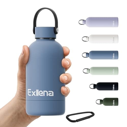 Exllena 350ml Small Water Bottle 350m for Handbag, Small Drinks Bottle with Handle Lid and Carabiner, Double Wall Vacuum Keeps Drinks Cold 24 Hrs/Hot 12 Hrs BPA Free (WhaleBlue)