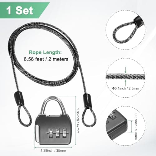 M METERXITY 1-Set Security Cable Lock with 3 Digit Combination Lock, 6.56FT PVC Coated Steel Luggage Lock Wire Rope for Luggage Suitcase/Outdoor Travel/Bike, Double Loop Cable [Black] — view 3