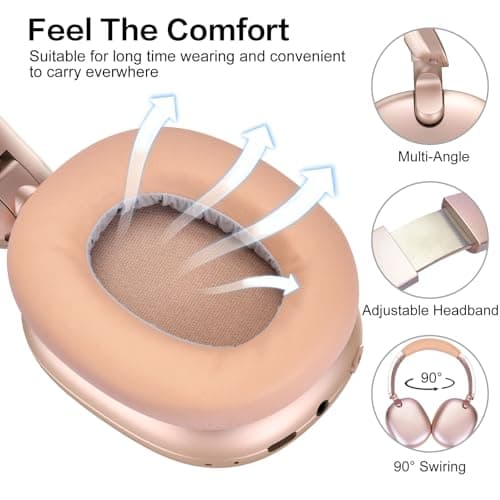RORSOU C6 Active Noise Cancelling Headphones, Wireless Over Ear Bluetooth Headphones, 60H Playtime, Lightweight Folding Deep Bass Comfort Fit Ear Cups Headset with Mic for iPad/Travel/PC Rose Gold — view 4