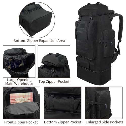 Vaupan 70L/100L Hiking Backpack with USB Charging Port, Expandable Large Military Tactical Backpack, Waterproof MOLLE Rucksack Travel Backpacking Pack for Camping Climbing (Black) — view 5