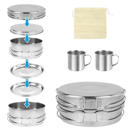 Camping Cookware Mess Kit 8PCS – Stainless Steel Camping Pots, Pan & Plates Set, Portable Cooking Equipment for Outdoor Camping, Hiking, Picnic & Travel – Compact Camp Kitchen Essentials — view 4