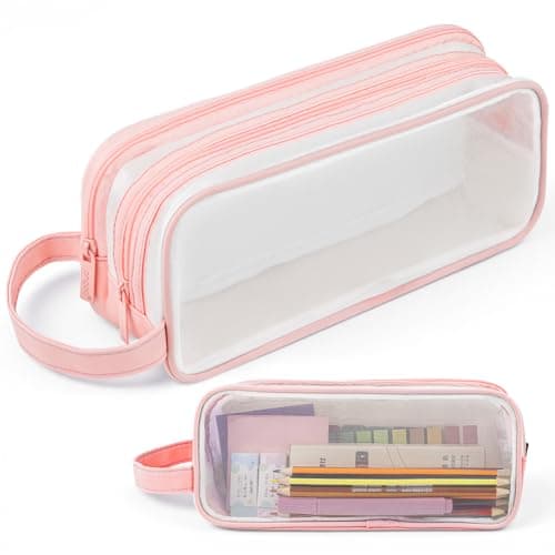 APXEL Clear Mesh Pencil Case Pink, 2 Compartment Pen Bag
