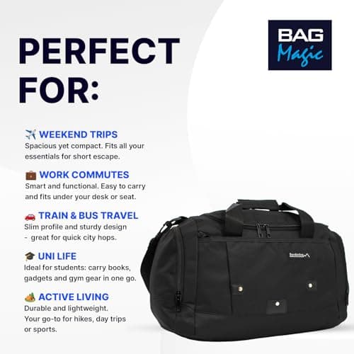 Small Sports Holdall 22L – 45x25x20cm Cabin Size Gym Bag, Travel Duffle Bag with Shoulder Strap – Lightweight Hand Luggage Underseat Bag - Black — view 2