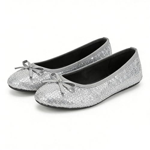 Women's Foldable Flats – Portable Ballet Slippers Shoes for Travel, Wedding – Fits in Purse (M, Silver Sequin) — view 5