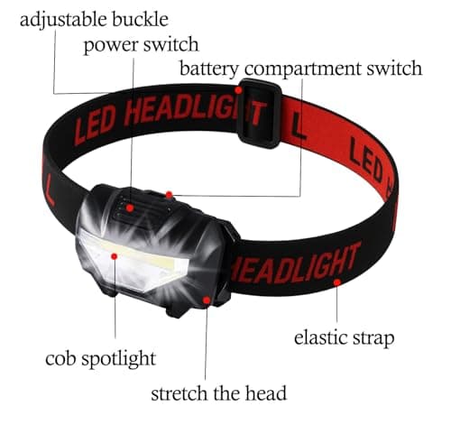 Head Torch, Xndryan Ultra Bright COB LED Head Torch Battery Operated Lightweight Headlamp, 3 Lighting Modes, Adjustable Strap, Waterproof Headlight for Camping, Hiking, Cycling, Running, Reading — view 2