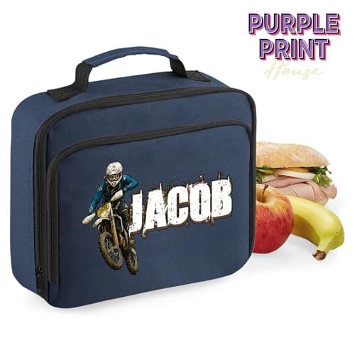 Purple Print House Boys Personalised Motorcross Lunch Bag Action Shot Design Childs Name Dirt Bike Off-Road Racing Kids Lunch Box, 24cm x 20cm x 8cm, Black — view 3
