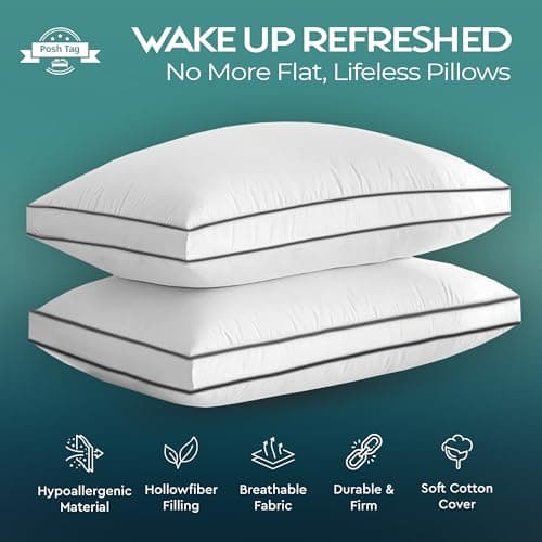 Posh Tag Pillows 8 Pack – Hollow Fibre Bed Pillows for Side Sleepers | Firm Pillow for Neck Support | Pillow's for Neck and Shoulder Pain | Hotel Quality Pillows | Pillow's 8 Pack for Full Home Use — view 2