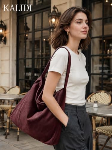 KALIDI FANCY FOREST Suede Tote Bag for Women, Multi Pockets Hobo Shoulder Bag, Large Fashion Handbag for School Work Shopping Travel Daily Use - burgundy — view 2
