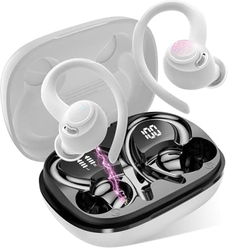 Sports Wireless Earbuds with EarHooks HiFi Stereo Sound with ENC Mic, White