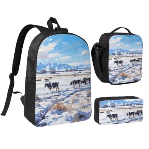 HETPLKD Cow Outdoors Backpack Set 3 PCS - 17 Inch Laptop Backpack with Lunch Bag, Waterproof Daypack Insulated Lunch Box Large Capacity Coin Pouch Personalized Gift