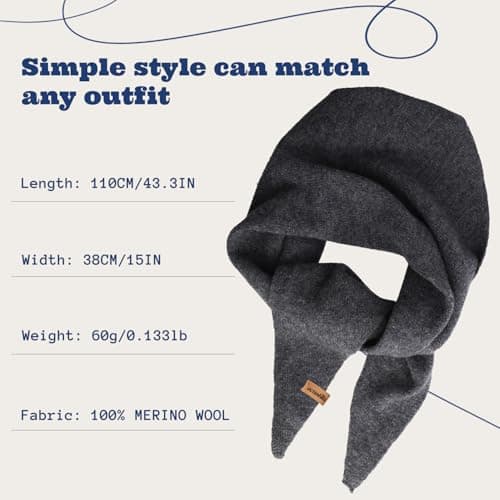 ACUSHLA 100% Merino Wool Triangle Scarf Women Neckerchie, Dark Grey — view 4