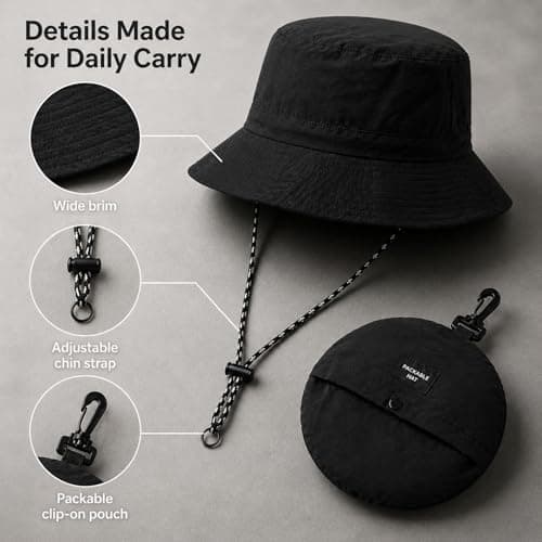 GEEKPC Lightweight Waterproof Bucket Sun Hat with Wide Brim for UPF50+ UV Protection - Packable Foldable Travel Hat with Adjustable Chin Strap for Men Women Outdoor Hiking Camping Fishing Black — view 5