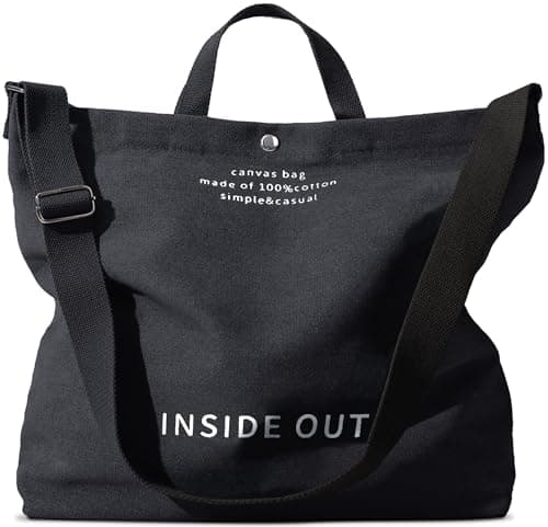 UNLOCKCUP Large Canvas Tote Bag for Women 3 Small Inside Pockets-Vintage Crossbody Handbag for Work, Beach, Travel-16oz Cotton, Black, One Size