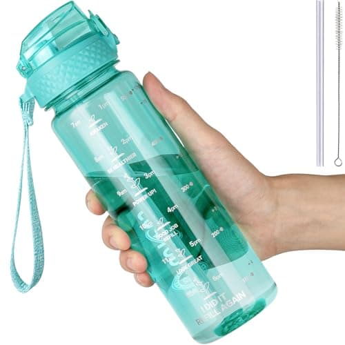 GOPPUS 500ml/17oz Kids Water Bottles with Straw Tritan Childrens Bottle with Flip Top Lid BPA Free Measured Drinks Bottle with Strap Sports Reusable Time Markings Leakproof (Transparent Mint Green)