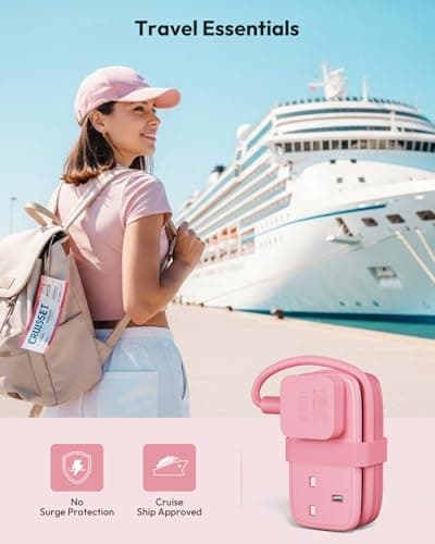 NTONPOWER Travel Extension lead with USB Slots, Pink Extension Lead 1.2M, Cruise Essentials Extension Cord with 2 Way Outlets 3 USB（1 Type C) for Cruise Travel Essentials Hotel Home Office — view 6