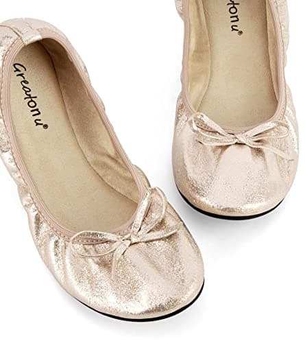 Greatonu Women's Ballet Pumps Comfort Foldable Portable Travel Slip on Slipper Bow Tie Flats Shoes Gold UK 5 — view 2