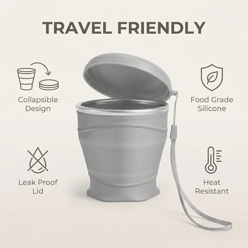 Satiskid 180ML Collapsible Silicone Travel Cup with Dustproof Lid, Reusable Foldable Water Cup, BPA-Free Camping Cup for Hot & Cold Drinks (Grey) — view 3