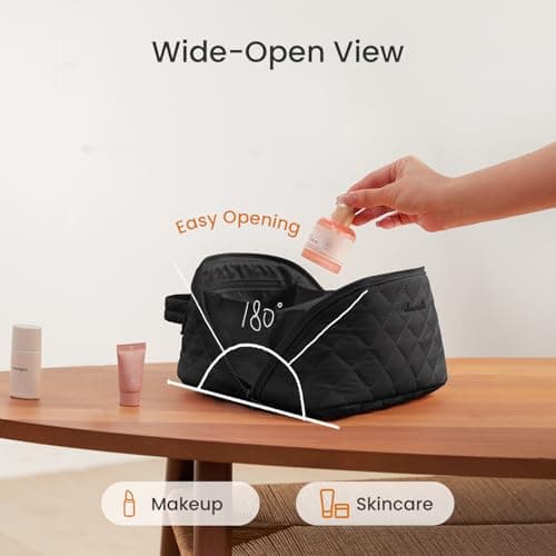 LOVEVOOK Travel Makeup Bag, Flat Lay Make Up Pouch Womens, Large 2Pcs Set Cosmetic Organiser with Compartments, Waterproof Puffer Toiletry Bag with Handle & Divider, Black — view 2