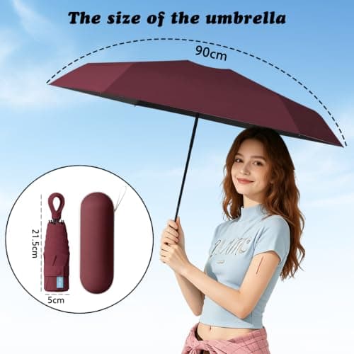 Sykerout 6 Ribs Mini Travel Umbrella, Compact Pocket Size With Storage Box，Wine red — view 2