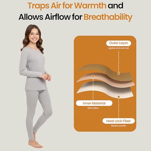 Heatwave Thermalwear Girls Thermal Base Layer Set Long Sleeve Top & Bottom Kids Winter Outdoor Wear, Marl Grey 12-13 Years — view 4