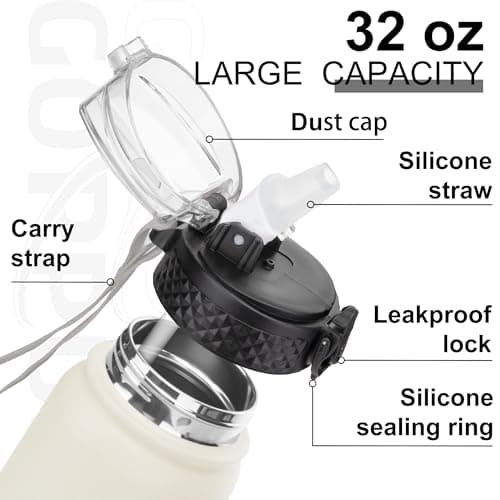 GOPPUS 1L/32oz Stainless Water Bottle with Straw Double Wall Insulated Bottles with Strap Reusable Vacuum Thermal Flask Leakproof Keep Cold Drinks Bottles with Flip Top Lid BPA Free (Beige) — view 3