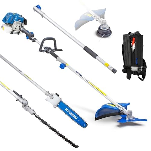 Hyundai 52cc Petrol Garden 5-in-1 Multi Tool, Grass Trimmer, Brushcutter, Hedge Trimmer, Pole Saw & 800mm Extension Shaft, Soft Recoil Start, Harness Included, 3 Year Warranty