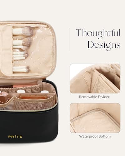 Prite Makeup Bag Toiletry Case for Women with Brush Holder, Black, Standard — view 5