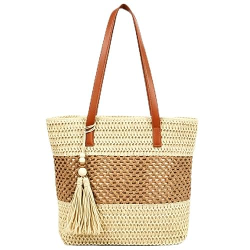 unisoul Straw Beach Bag for Women, Hand-Woven Summer Tote Bag with Zip, Lightweight Shoulder Handbag for Holidays, Travel & Daily Use, Off White