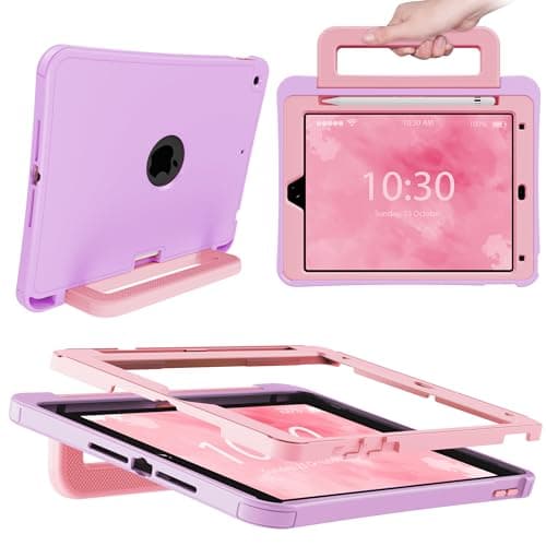 INFILAND iPad 9th Generation Case (2021) / 8th Generation (2020) / 7th Generation (2019), 10.2 Inch Durable Shockproof Cover with Stand, Handle & Pencil Holder (Lavender-Pink)